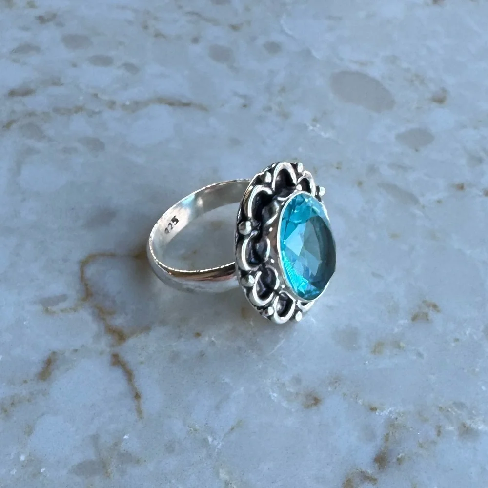 NWOT Sundance Hydrangea Morning Ring, Blue Topaz, Sterling Silver
